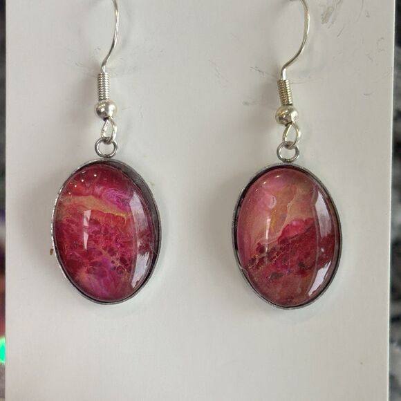 Handmade Poured Paint Oval Earrings Red Yellow Swirl Stainless Steel Artisan - Picture 4 of 5